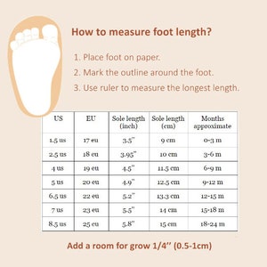 May include: A chart showing how to measure a baby's foot length in inches and centimetres. The chart includes US and EU shoe sizes, corresponding sole lengths, and approximate ages in months.
