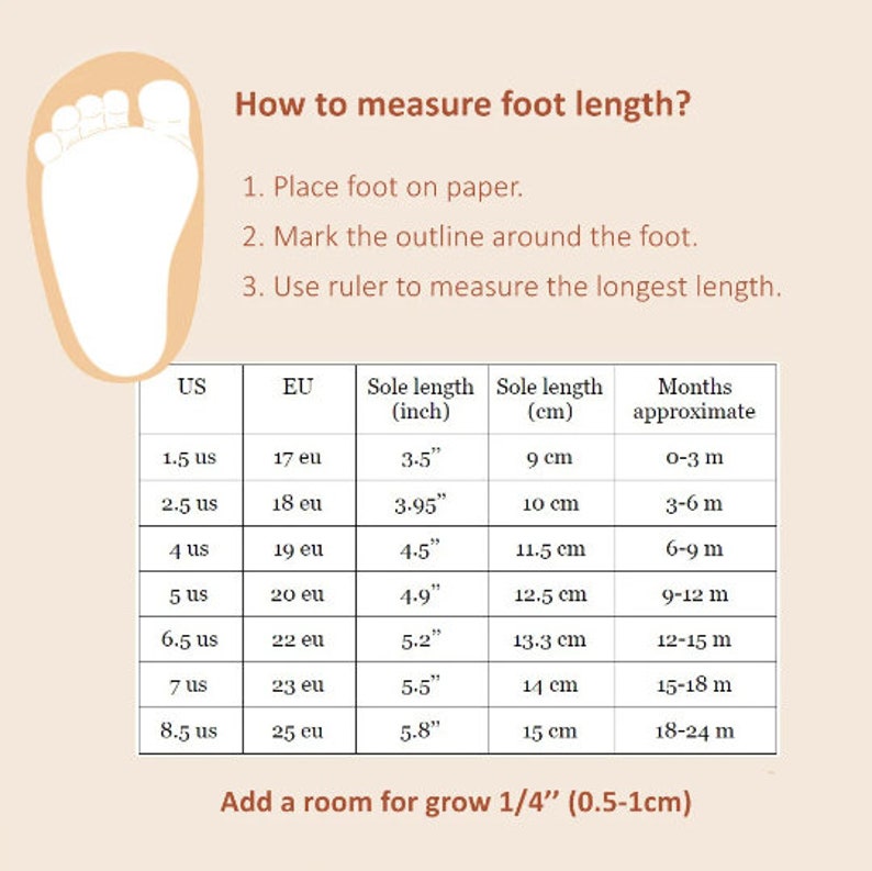 May include: A chart showing how to measure a baby's foot length in inches and centimetres. The chart includes US and EU shoe sizes, corresponding sole lengths, and approximate ages in months.
