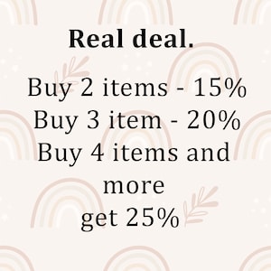 May include: Text on a light pink background with a rainbow pattern. The text reads "Real deal." followed by details about discounts: Buy 2 items - 15%, Buy 3 items - 20%, Buy 4 items and more get 25%.