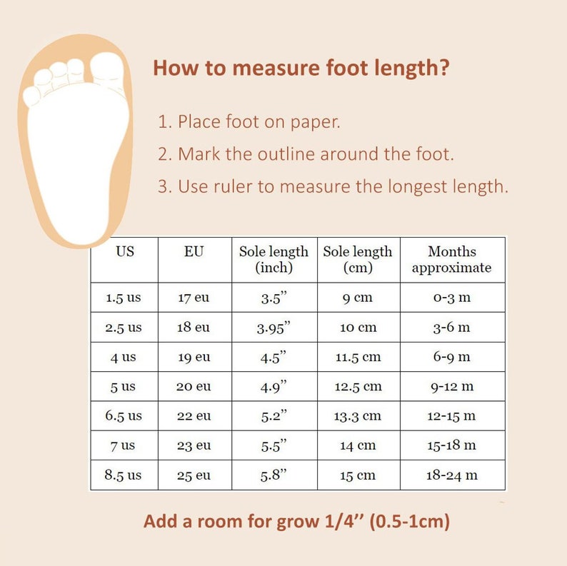Peut inclure: Un tableau montrant comment mesurer la longueur du pied d'un b&eacute;b&eacute; en pouces et en centim&egrave;tres. Le tableau comprend les tailles de chaussures US et EU, la longueur de la semelle en pouces et en centim&egrave;tres, et l'&acirc;ge approximatif en mois. Le tableau comprend &eacute;galement une note pour ajouter 1/4 pouce (0,5-1 cm) pour la croissance.