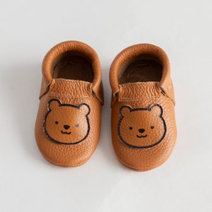 Taddy Bear, Leather Baby Shoes, Personalized Moccasins With Soft Sole, Newborn, Infant, Toddler, Birthday, Baby Shower Gift image 2