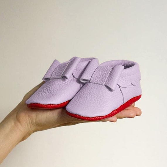 Light pink baby moccasins with red sole, Italian leather,  Newborn, infant, toddler soft shoes