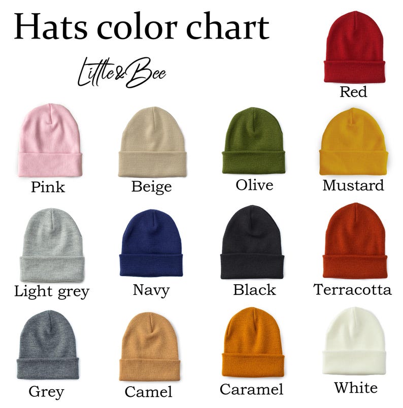 K&ouml;nnte beinhalten: Farbkarte mit 12 verschiedenen Farben von Beanies. Die Farben sind rot, rosa, beige, oliv, senf, hellgrau, marineblau, schwarz, terracotta, grau, camel, karamell und wei&szlig;.