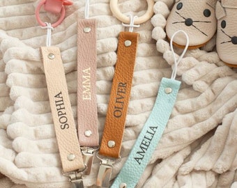 Pacifier leather custom name clip, personalized pacifier holder, baby, dummy chain, Boy, Girl, Binky Linen Holder, Binky Clip Holder