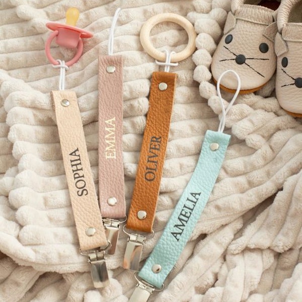 Pacifier leather custom name clip, personalized pacifier holder, baby, dummy chain, Boy, Girl, Binky Linen Holder, Binky Clip Holder