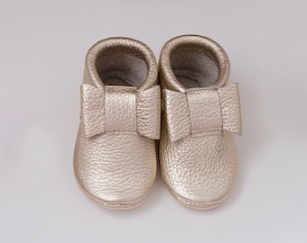 Leather Baby Girl Moccasins with Bow, Infant Toddler Shoes