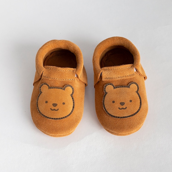 Taddy Bear, Fringeless Suede Baby Shoes, Personalized Moccasins With Suede Sole, Newborn, Infant, Toddler, Birthday, Baby Shower Gift