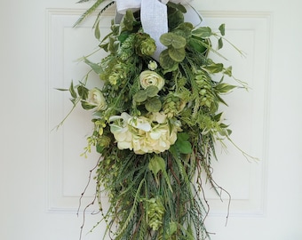 Cottage Style Green Hydrangea Ranunculus Door Swag With Eucalyptus and Gathered Mixed Greenery