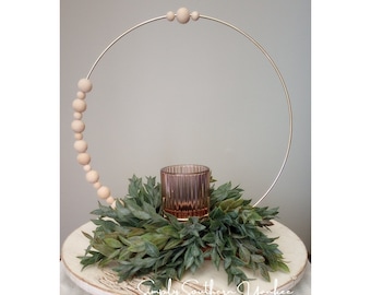 Boho Chic Wood Bead 12" Gold Hoop Candle Centerpiece with Luxury Faux Greenery, Rustic Candle Ring Wreath for Elegant Home Decor,Table Decor