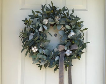 Lambs Ear and Olive Branch Wreath Cotton Farmhouse Wreath For The Front Door - Year Round Greenery Wreath -  Real Estate Housewarming Gift