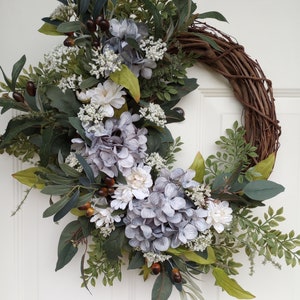 Blue Hydrangea Spring and Summer Wreath - English Cottage Decor, Farmhouse Decor, Front Door Wreath, Housewarming Gift, Mother&#39;s Day