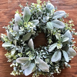 Small Eucalyptus Lamb&#39;s Ear Wreath, Mini Farmhouse Candle Ring Wreath, Rustic Wedding Table Centerpiece, Home Accent Year Round Mantel Decor