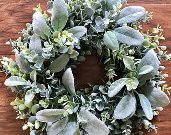 Eucalyptus Lamb's Ear Mini Wreath - Farmhouse Candle Ring, Table Centerpiece