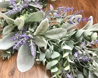 Farmhouse Greenery Garland for Mantle Décor Lambs Ear & Eucalyptus Table Runner Greenery Year Round Shelf Decorations Table and Sign Garland