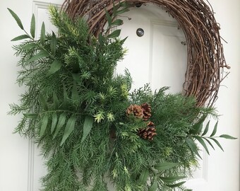 Cedar wreath with pinecones,Winter greenery wreath,elegant cabin wreath,Winter front door wreath,Winter porch decor,mantle wreath,gift