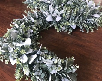 Modern Farmhouse Style Fully Lush Lambs Ear & Eucalyptus Greenery Garland, Year Round Greenery Mantle Decor, Table Runner and Sign Garland