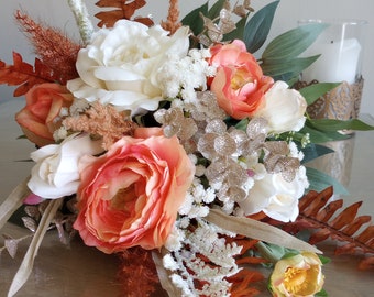 Coral & Ivory Boho Chic Prom Bouquet,Orange Wedding Bouquet,Silk and RealTouch Rose Bouquet,Small Boho Bridal Bouquet,Unique Prom Flowers