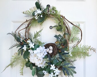 Bird's Nest Wreath White Hydrangea Spring & Summer Wreath for Front Door Cottage Farmhouse Wispy Fern Wreath Housewarming Gift Olive Wreath