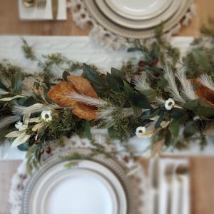 Fall Garland with Rusty Fig Leaves White Flowers and Pampas Modern Cottage Table Decor Boho Fall Garland for Mantel Shelf or Centerpiece
