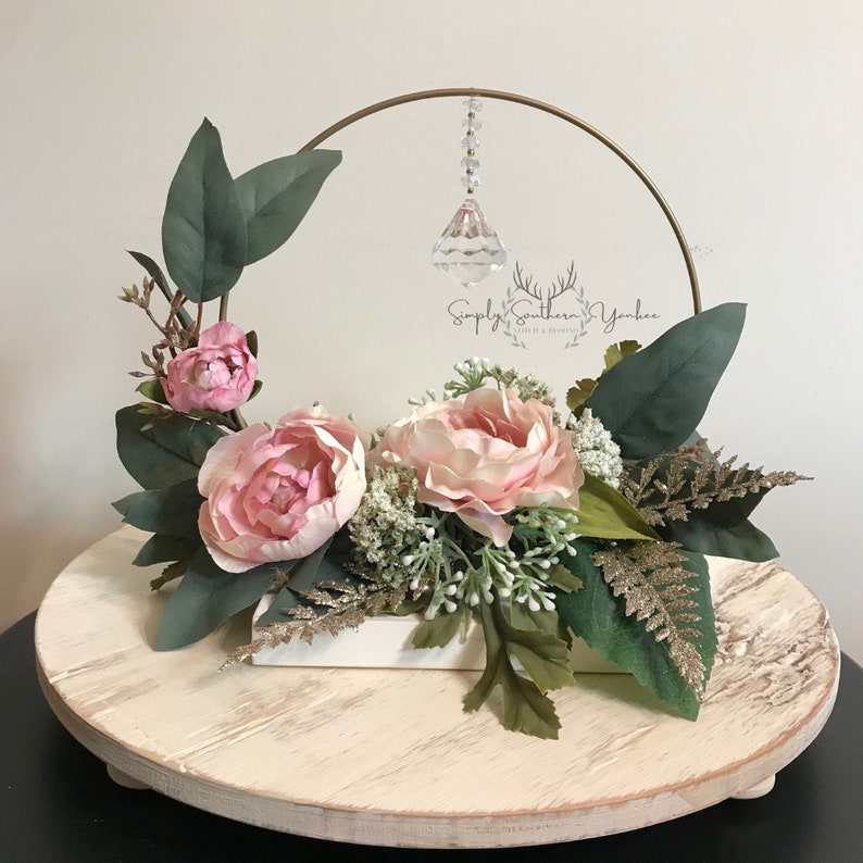 Blush Pink and Gold Wedding Peonies Wedding Décor Hoop Crystal Wedding Centerpiece Pink and White Wedding Décor Boho Table Décor image 7