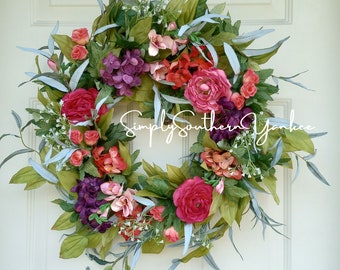 Jewel Tone Floral Wreath For Front Door |  Colorful Wreath | Hydrangea Wreath | Wreaths for Summer | Front Door Wreath | Full Floral Wreaths