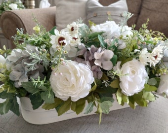 White Peony Hydrangea Centerpiece with Charming Farmhouse Style Pail Rustic Elegant Home Decor Gray and White Wedding Table Centerpiece