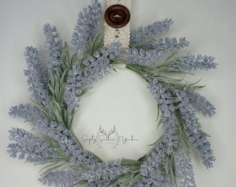 Farmhouse & Country Cottage Faux Lavender Cabinet Wreath with Crochet Ribbon Hanger - Mini Wreath, Spring Easter Summer Decor, Gift for Mom