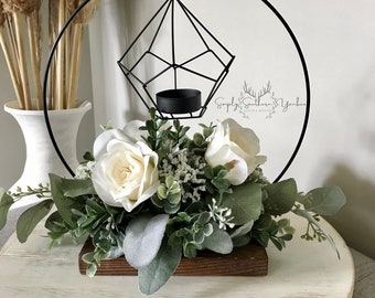 Greenery Wedding Centerpiece - Eucalyptus and Lambs Ear Geometric Hoop Centerpiece - Rustic Wedding Table Décor - Candle Centerpiece