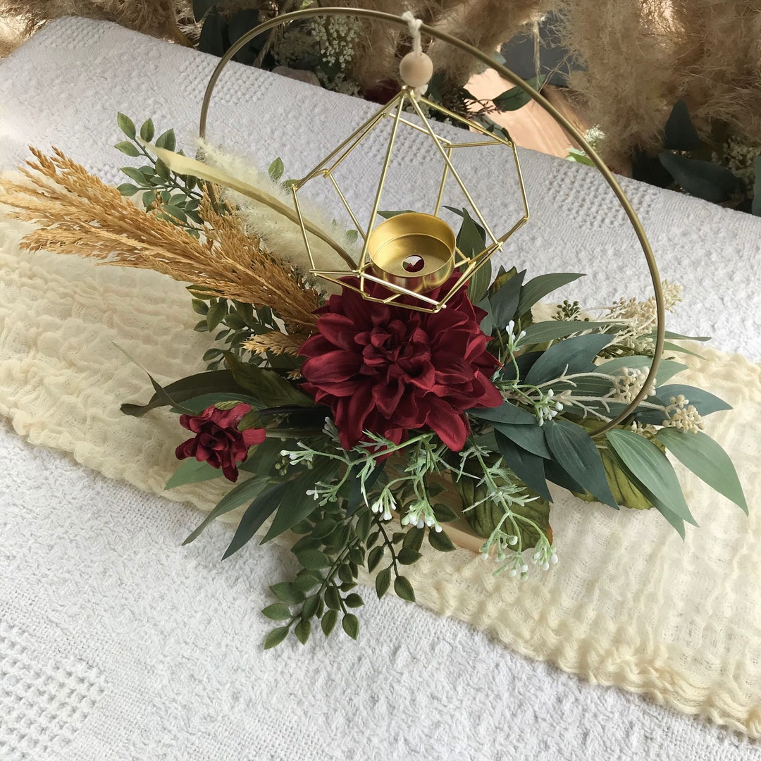 Burgundy and Gold Geometric Hoop Wreath Centerpiece - Dahlia