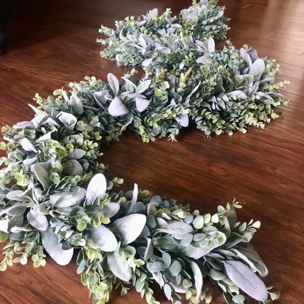 Modern Farmhouse Style Fully Lush Lambs Ear & Eucalyptus Greenery Garland, Year Round Greenery Mantle Decor, Table Runner and Sign Garland