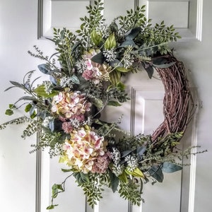 Hydrangea Wreath, Front Door Wreath, Eucalyptus Wreath, Olive Wreath, Cottage Décor, Everyday Wreath, Farmhouse Décor, Blush Pink Wreath,