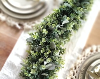 Modern Farmhouse Style Fully Lush Lambs Ear & Eucalyptus Greenery Garland, Year Round Greenery Mantle Decor, Table Runner and Sign Garland