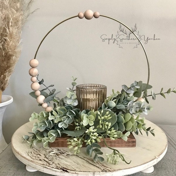 Copper Rose Gold & Greenery Candle Wreath - Wedding Centerpiece - Scandinavian Boho Table Décor - Wood Bead Hoop Wreath- Minimalist Décor