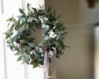 Lambs Ear & Olive Branch Wreath with Cotton Neutral Farmhouse Front Door Wreath