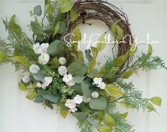 White Roses and Greenery Neutral Wreath | Nature Inspired Wreaths For The Front Door | Asymmetrical Wreath | Spring Wreath | Summer Wreath