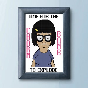 May include: A framed cross-stitch pattern featuring a cartoon character with black hair and glasses. The text reads "Time for the Charm Bomb to Explode".