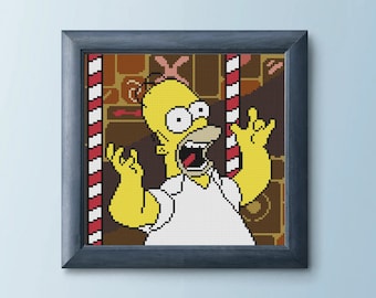 May include: A pixelated image of a yellow cartoon character with a white shirt and a shocked expression. The character is making the 'rock on' hand gesture with both hands. The background is a brown and red pixelated pattern.