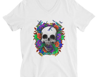Ladies Skull Dragonfly Vintage-inspired Short Sleeve V-Neck Tee
