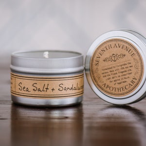 Sea Salt + Sandalwood Tin Soy Wax Candle Mini Tin Scented Gift Luxury Home Fragrance Gifts for Anniversary Her Mom Wedding Girlfriend Wife
