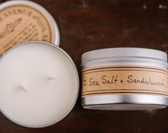 Vela de cera de soja en lata con aroma a sal marina y sándalo, regalo de lujo para el hogar, regalos de aniversario, para su madre, boda, novia y esposa