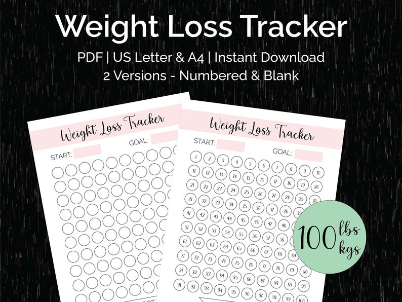 Weight Loss Tracker Chart Printable, 100lb or 100kg, Cute Pretty ...