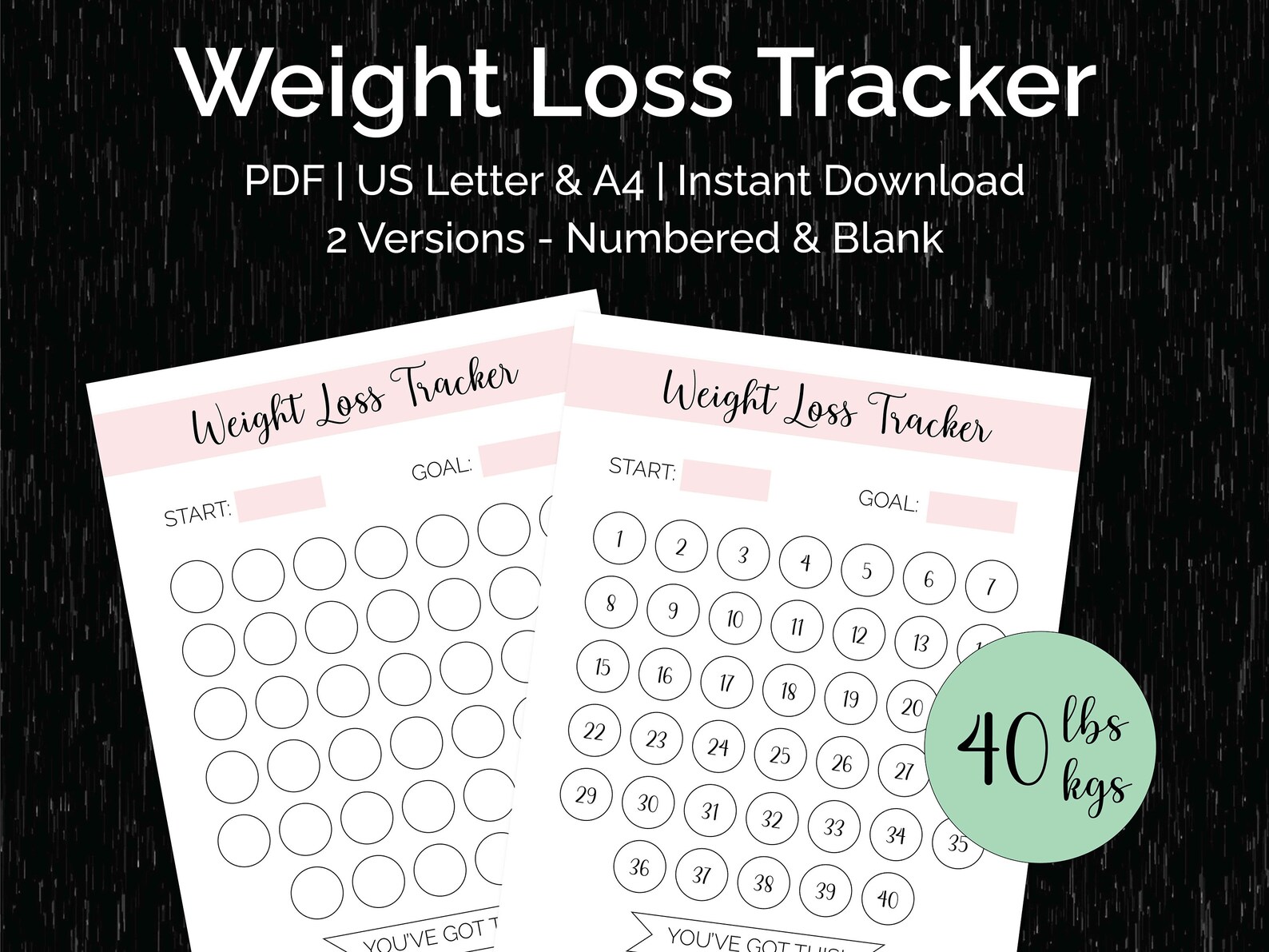 Weight Loss Tracker Chart Printable, 40lb or 40kg, Cute Pretty ...