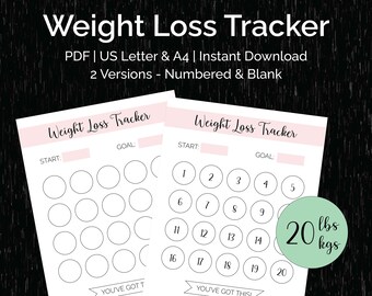 Weight Loss Tracker Chart Printable, 20lb or 20kg, Cute Pretty Motivational Countdown Goals, Numbered & Blank, Digital File Download