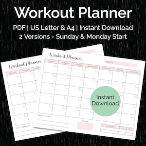 Puede incluir: Dos plantillas de planificador de entrenamiento imprimibles en formato PDF. Las plantillas están diseñadas para los tamaños de papel US Letter y A4. Los planificadores presentan una cuadrícula de calendario mensual con espacios para entrenamientos diarios, establecimiento de objetivos y una sección para el seguimiento de las estadísticas de entrenamiento. El texto "Descarga instantánea" se destaca en un círculo verde.