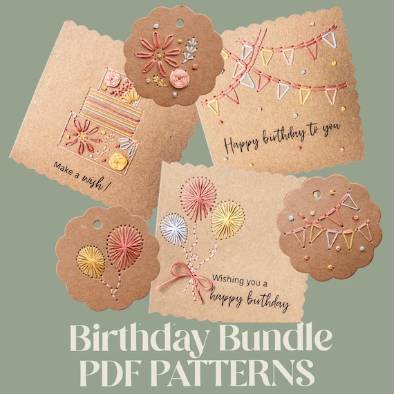 Birthday Embroidery Cards and Gift Tag Bundle Pattern: Handmade Gift Tag - Handmade Card - Beginner-Friendly Card Design (PDF Download)