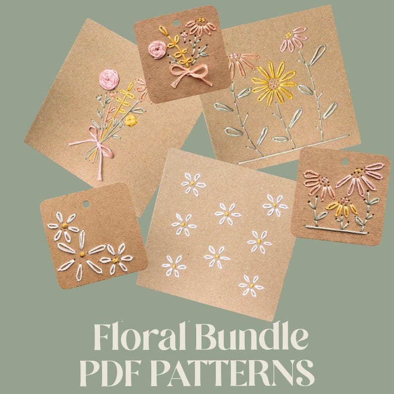 May include: A collection of embroidered floral designs on brown cardstock. The designs feature various flowers in pink, yellow, and white thread. The text "Floral Bundle PDF Patterns" is at the bottom of the image.