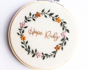 Floral Wreath Name Embroidery Hoop - Hoop Art - Embroidery Hoop Art - Hanging Decoration - Gift Idea - Personalised -Christmas Gift-Handmade