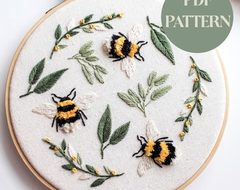 Bee Embroidery Pattern - pdf - Hand Embroidery Pattern - pdf pattern - Insect Pattern - Digital pdf - Digital download - Embroidery