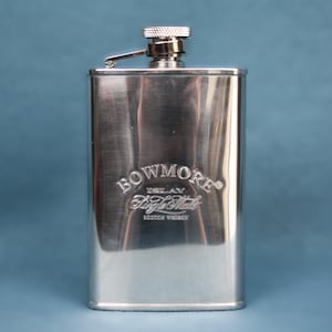 compact Bowmore stainless steel whiskey flask from Islay Scotland