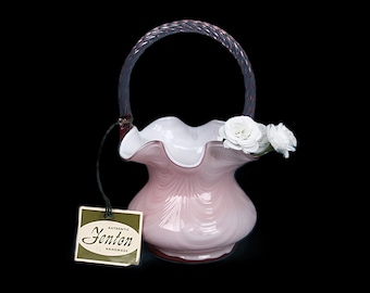 バスケット ヴィンテージ ピンクガラス フェントン リップルリム